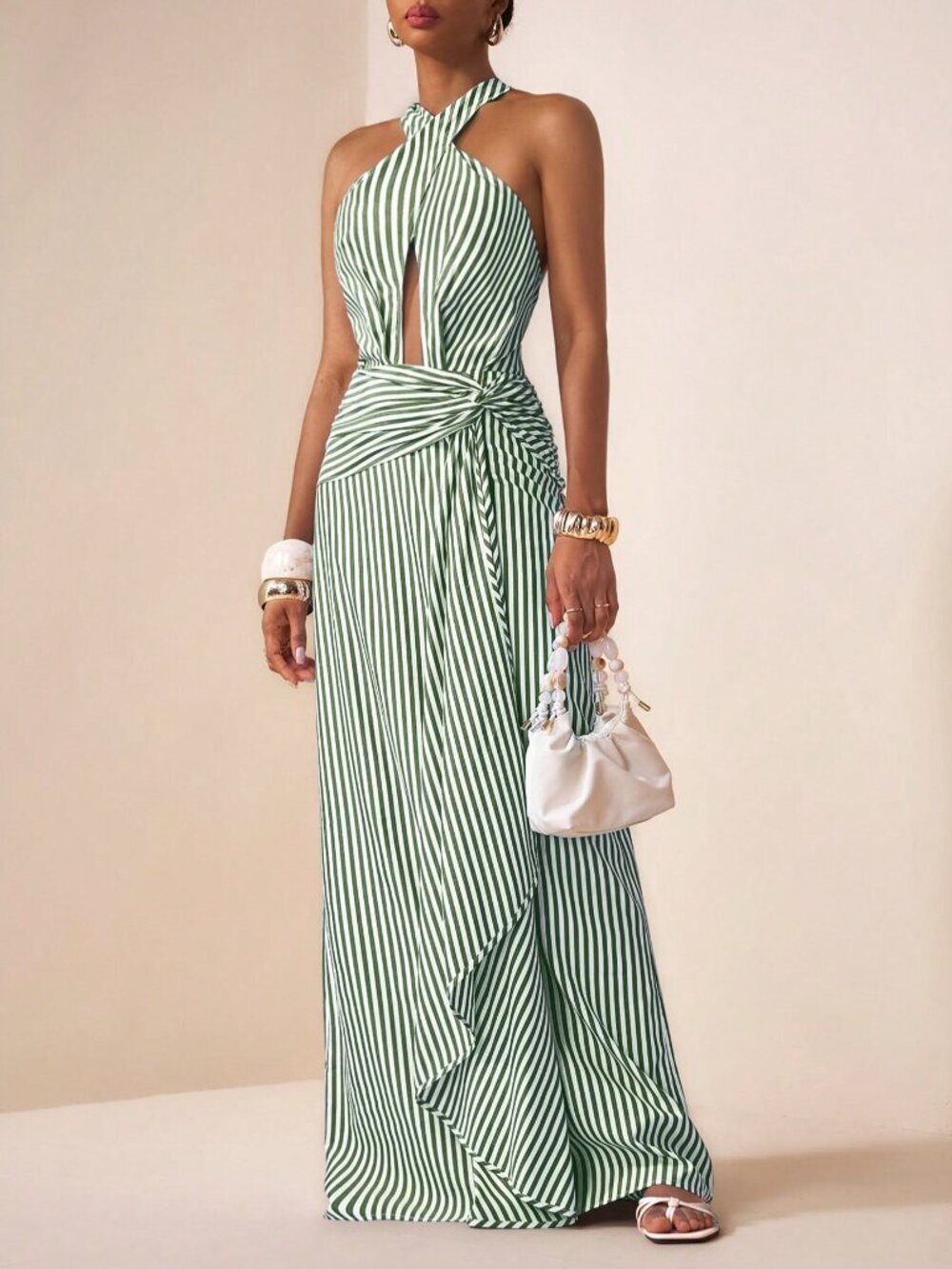 Green Striped Sexy Women's Maxi Dress with Halter Neck